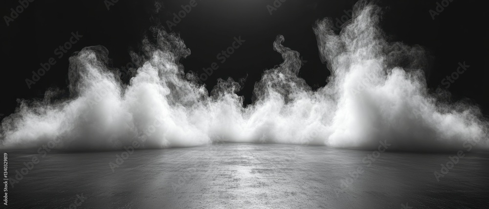 Poster ethereal smoke cloud on dark background with concrete floor creating mysterious and dramatic atmosph