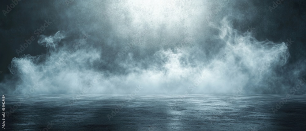Poster dramatic foggy scene with concrete floor and misty background creating a moody and atmospheric ambia