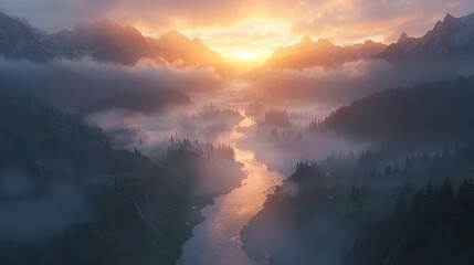 Fototapeta premium Majestic sunrise over misty river valley breathtaking landscape photography nature's tranquility