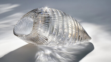 A handcrafted crystal clam shell, shaped with delicate ridges and infused with shimmering prismatic reflections