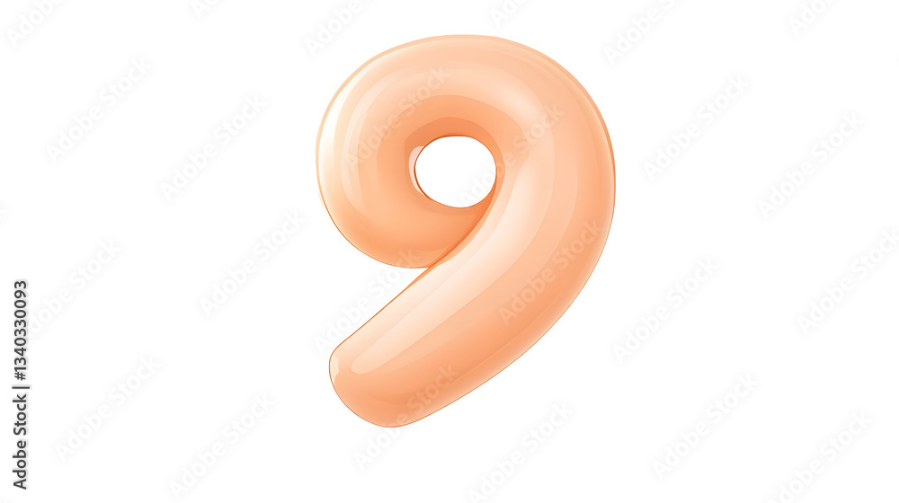 Poster A floating metallic pink foil balloon in the shape of the number 9 with a smooth highly reflective surface and a 3D effect