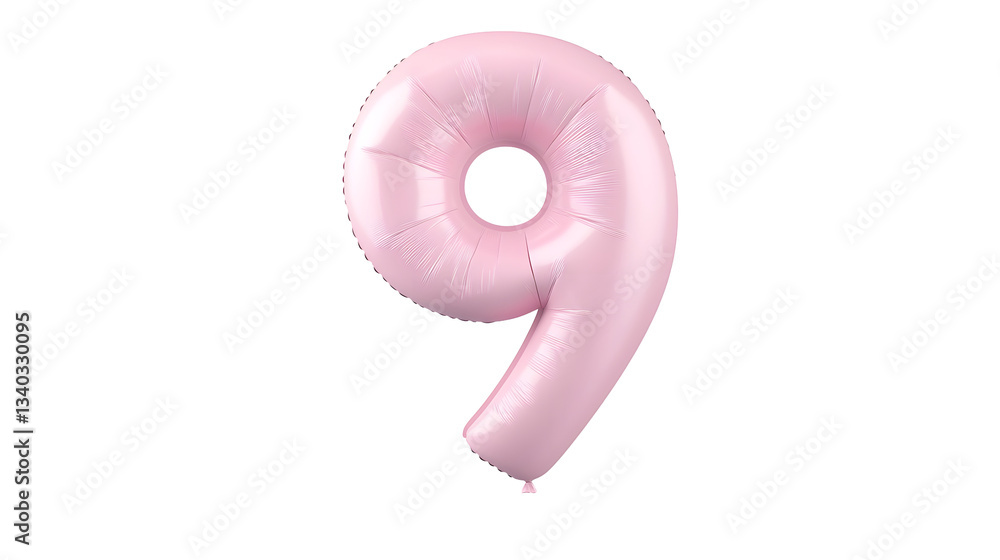 Poster Floating shiny pink foil balloon in the shape of the number 9 with a smooth highly reflective metallic surface and a 3D effect against a clean white background