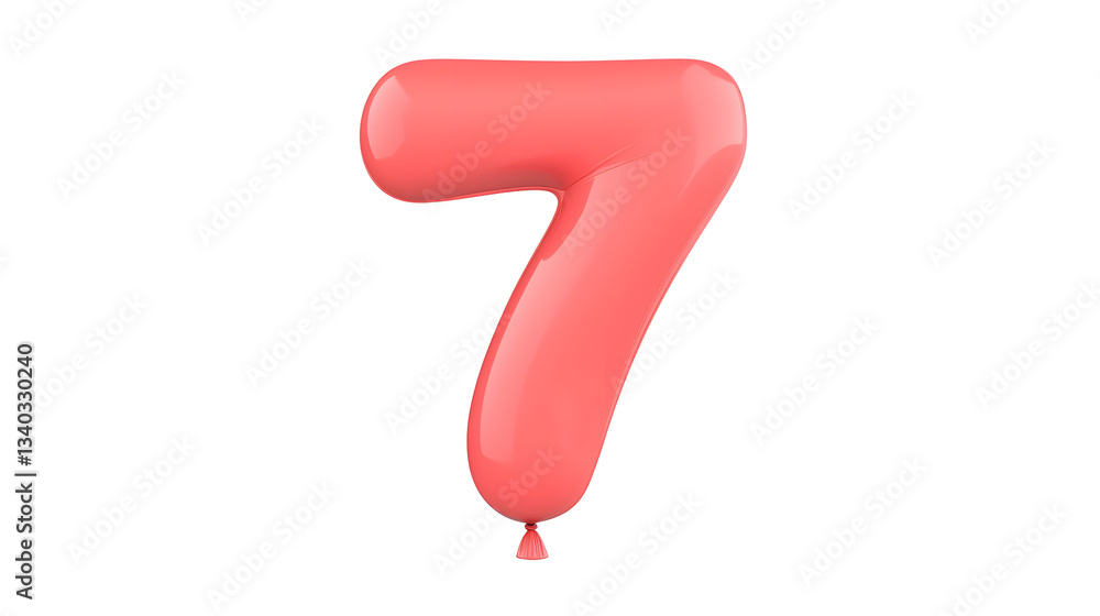 Aufkleber A shiny metallic red foil balloon shaped like the number 7 floating independently against a plain white background with soft highlights and shadows for a 3D effect