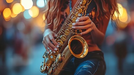 Obraz premium Woman playing alto saxophone at night.