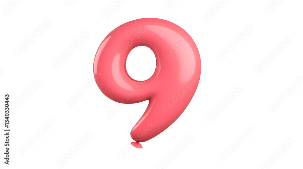 Fototapete A glossy three dimensional metallic red number 9 foil balloon floating effortlessly in a clean transparent studio environment with reflections and smooth lighting