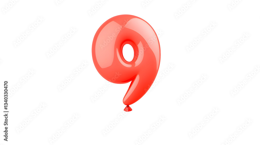 Poster a vibrant glossy red foil balloon floating independently shaped as the number 9 with a reflective me
