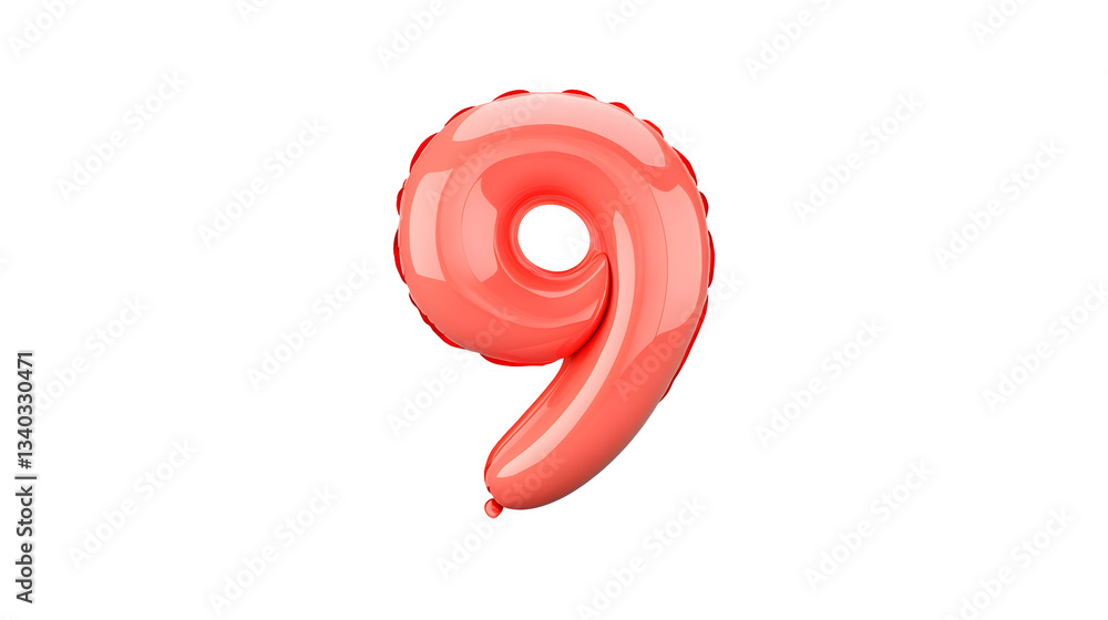 Fototapete a bright red foil balloon in the shape of the number 9 with a reflective metallic surface floating i