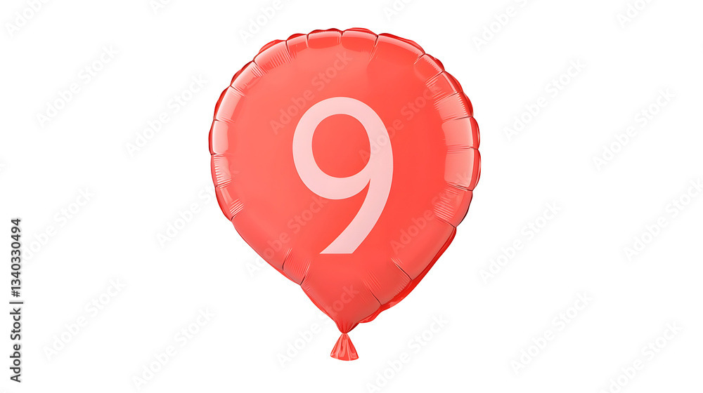 Fototapete a floating shiny red foil balloon in the shape of the number 9 with a smooth reflective metallic fin