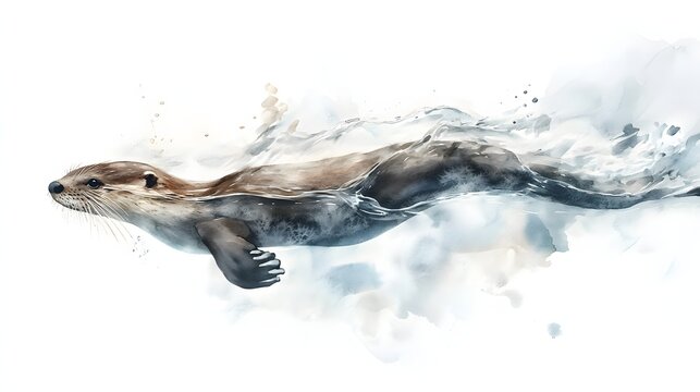 Watercolor depiction shows an otter swimming gracefully in clear water