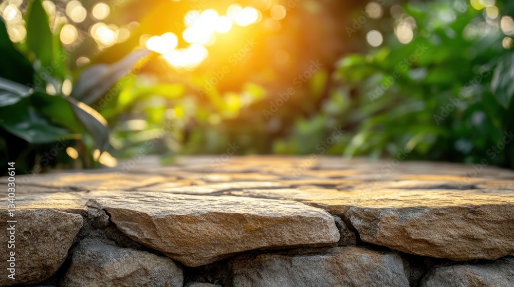 Poster warm sunlight illuminating a natural stone surface with lush greenery backdrop creating a serene and