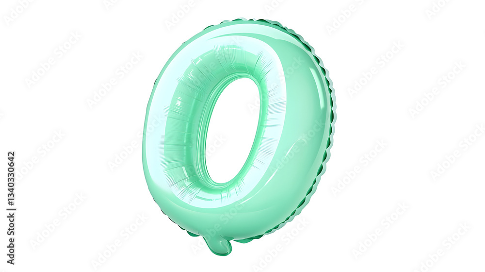Poster A shiny metallic green foil balloon in the shape of the number 0 floating in a studio environment with soft highlights and shadows creating a 3D effect against a transparent background