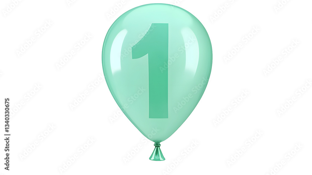 Fototapete a floating metallic green foil balloon in the shape of the number 1 with a glossy reflective surface