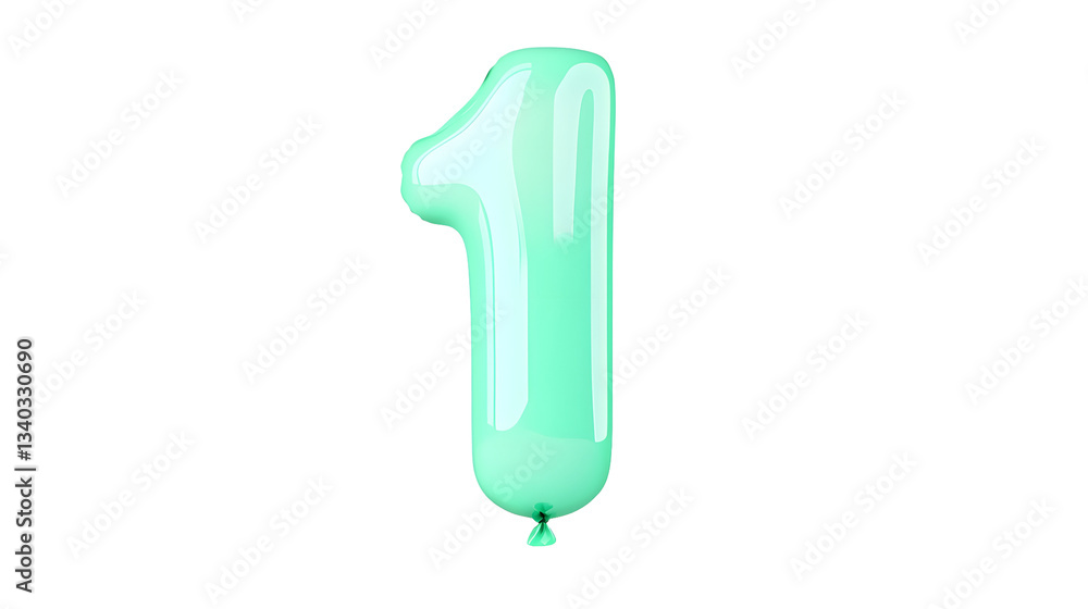 Fototapete A shiny metallic green foil balloon in the shape of the number 1 floating independently with a reflective surface and subtle lighting highlights and shadows creating a 3D effect against a clean