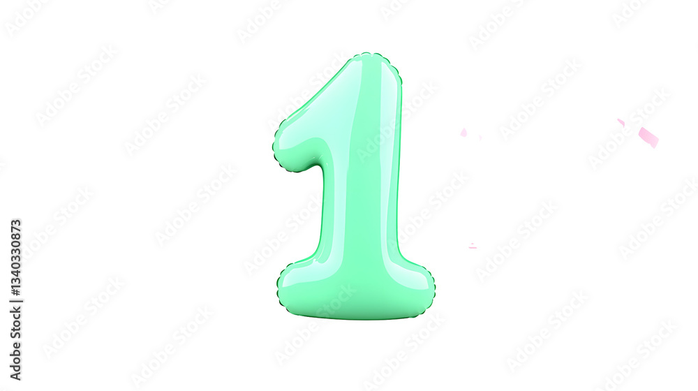 Poster A 3D rendering of a smooth glossy green foil balloon in the shape of the number 1 floating with a soft shadow effect on a transparent background