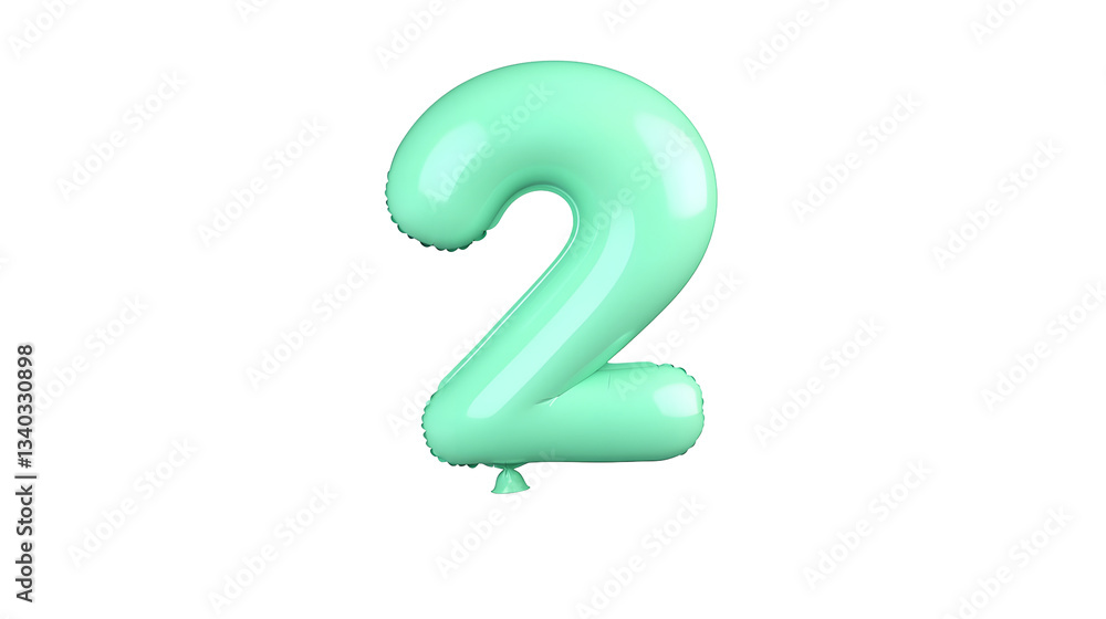 Fototapete A 3D rendering of a smooth polished green number 2 foil balloon floating with a soft shadow effect against a transparent background