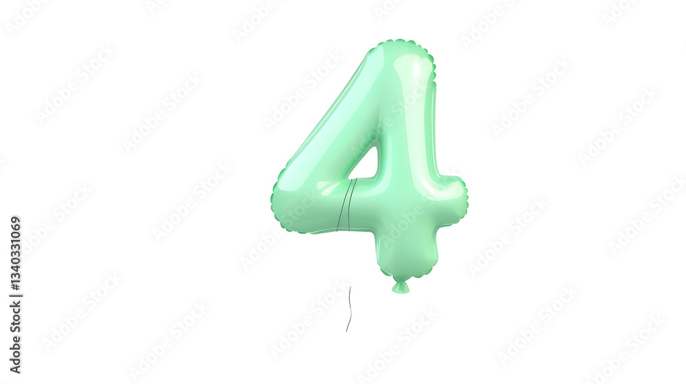Poster A shiny metallic green foil balloon in the shape of the number 4 floating against a transparent backdrop with soft highlights and shadows for a 3D effect