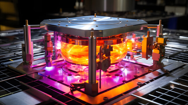 Advanced spectroscopy equipment analyzing light spectra on a piece of metal in a high-tech manufacturing environment.
