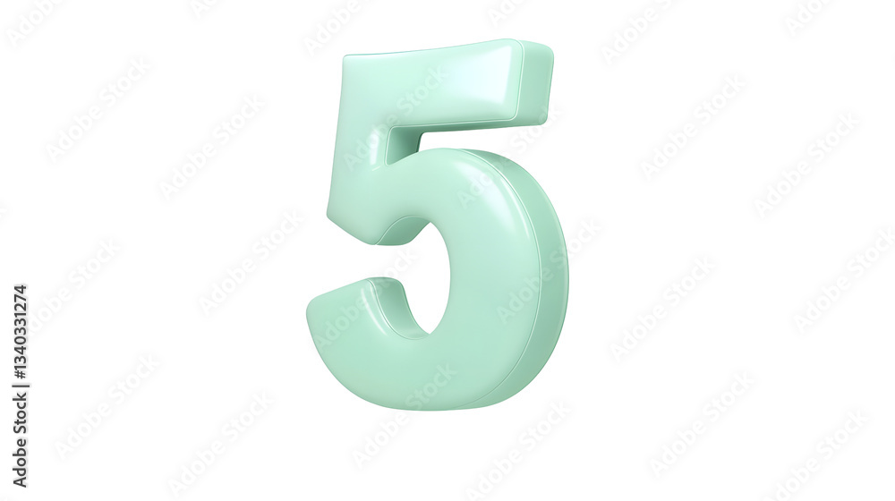 Poster A floating green foil balloon in the shape of the number 5 with a highly reflective metallic finish and smooth edges  The balloon has a 3D effect and is displayed against a transparent background
