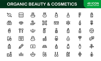 Modern Organic Beauty and Cosmetics Icon Set Vector Illustration. Featuring Natural Ingredients, Skincare, and Eco-Friendly Beauty Symbols