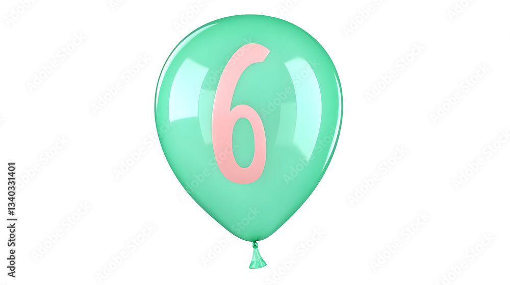 Fototapete Floating green metallic foil balloon with a smooth reflective surface and a 3D effect depicting the number 6 against a transparent background