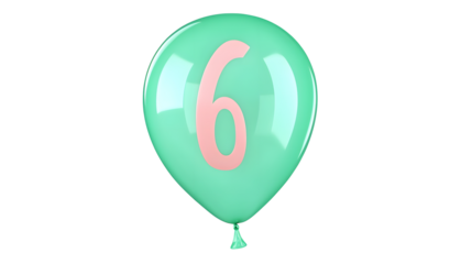Floating green metallic foil balloon with a smooth reflective surface and a 3D effect depicting the number 6 against a transparent background
