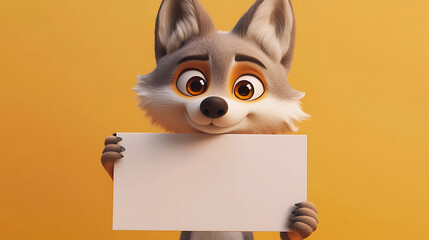 A cheerful cartoon fox holding a blank sign against a vibrant orange background, inviting creativity