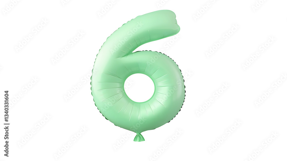 Poster A floating reflective metallic green balloon in the shape of the number 6 with a smooth glossy surface and a 3D effect against a plain white background