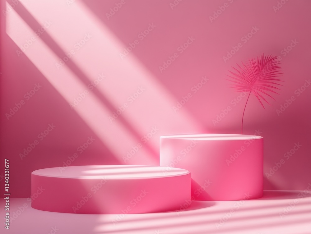 Poster elegant pink display podiums with tropical leaf casting shadows in a serene studio setting for produ