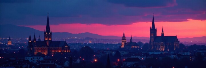 Fototapeta premium City buildings and church spires silhouetted against night sky, night view, silhouette