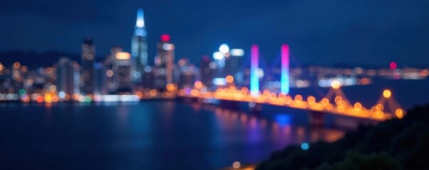 Fototapeta premium Cityscape lights blend with night sky abstract circular bokeh on blue background, circular motion, urban landscape, abstract art