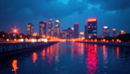 Naklejka premium Cityscape at dusk with abstract circular lights blending into a vibrant blue background, city glow, abstract bokeh