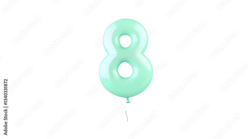 Poster A glossy three dimensional metallic green number 8 foil balloon floating in mid air with reflections and smooth balanced lighting on a transparent background