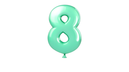 A shiny metallic green foil balloon shaped as the number 8 floating independently with a reflective surface and 3D effects created by the lighting