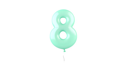 A glossy three dimensional metallic green number 8 foil balloon floating in mid air with reflections and smooth balanced lighting on a transparent background
