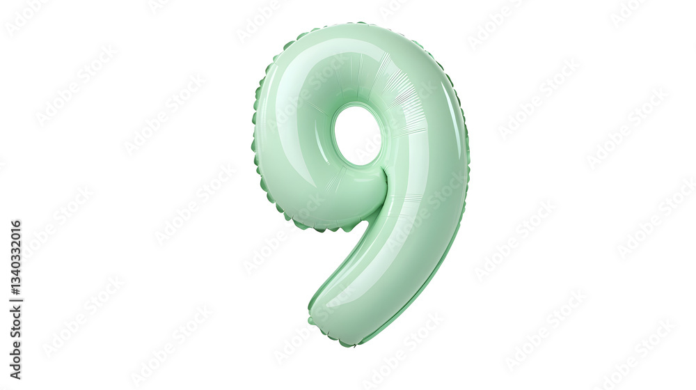 Poster glossy three dimensional metallic green number 9 foil balloon suspended in a minimalist transparent 