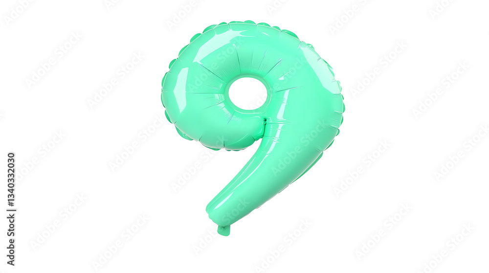 Poster a vibrant metallic green number 9 foil balloon floating effortlessly in a minimalist transparent set