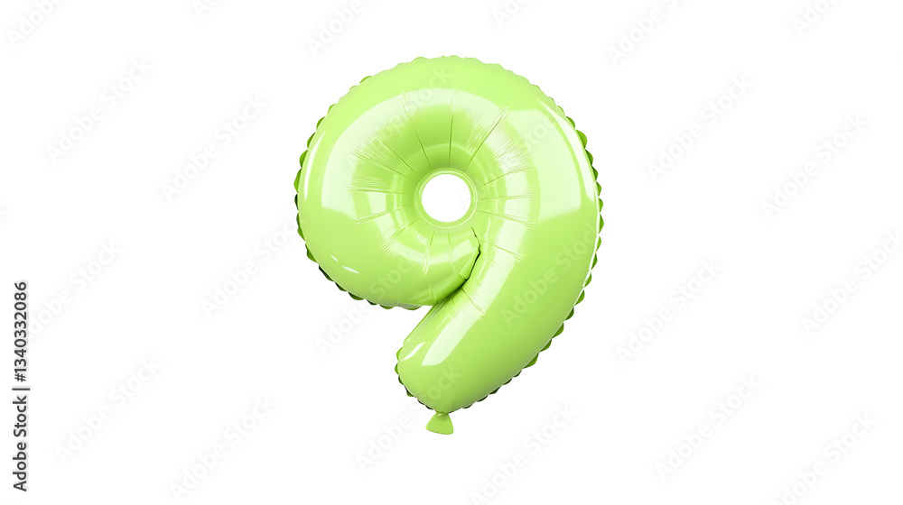 Poster A 3D rendering of a bright green number 9 foil balloon with a smooth glossy finish and lighting appearing to float effortlessly against a clean white backdrop