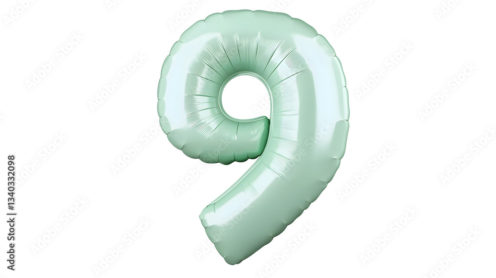Fototapete a vibrant green foil balloon in the shape of the number 9 featuring a highly reflective metallic fin