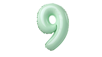 Glossy three dimensional metallic green number 9 foil balloon suspended in a minimalist transparent studio setting with reflections and smooth lighting