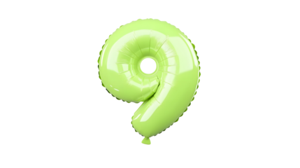 A 3D rendering of a bright green number 9 foil balloon with a smooth glossy finish and lighting appearing to float effortlessly against a clean white backdrop