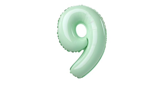 Glossy three dimensional metallic green number 9 foil balloon suspended in a minimalist transparent studio setting with reflections and smooth lighting