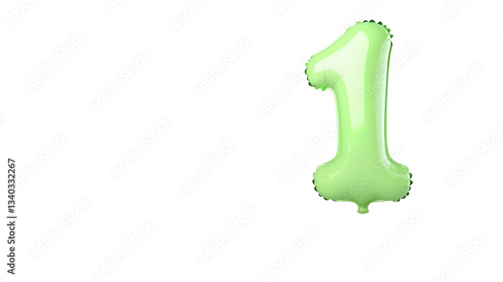 Fototapete a bright green metallic foil balloon in the shape of the number 1 suspended in mid air against a cle