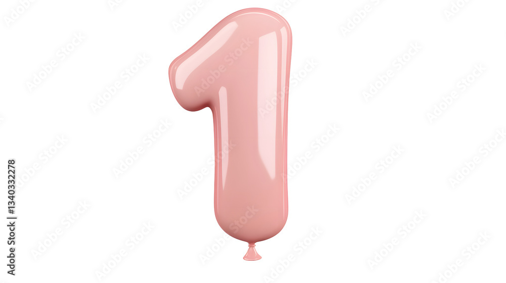 Poster a floating shiny pink foil balloon in the shape of the number 1 with a smooth reflective surface and