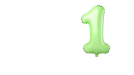 A bright green metallic foil balloon in the shape of the number 1 suspended in mid air against a clean white background with a 3D appearance and a highly reflective shiny surface