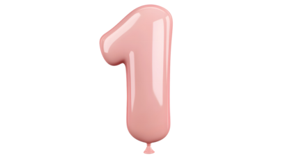 A floating shiny pink foil balloon in the shape of the number 1 with a smooth reflective surface and a 3D appearance