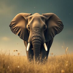 Obraz premium Close-up of an African elephant's face with its trunk and tusks peeking out from the mist, Wildlife Portrait, Elephant Face