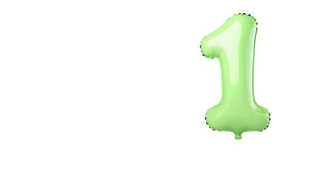 A bright green metallic foil balloon in the shape of the number 1 suspended in mid air against a clean white background with a 3D appearance and a highly reflective shiny surface