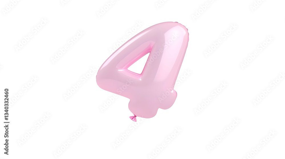Poster a shiny metallic pink foil balloon in the shape of the number 4 floating against a transparent backg