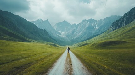 Naklejka premium Adventurous hiker walking on a vast mountain path majestic landscape tranquil environment inspirational view