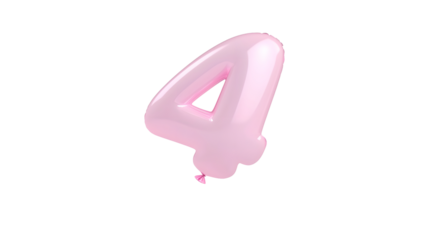 A shiny metallic pink foil balloon in the shape of the number 4 floating against a transparent background with 3D highlights and shadows